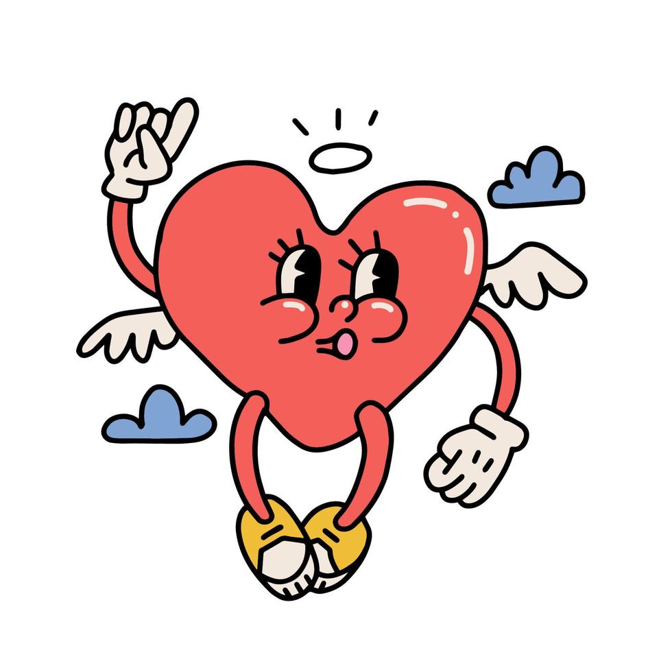 Groovy encantador personaje de corazón volando entre nubes. mascota de amor con el concepto de alas. tarjeta de feliz día de san valentín. personaje del corazón silbando en el moderno estilo de dibujos animados retro de los años 60 y 70. ilustración vectorial vector