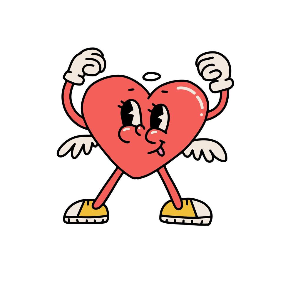 personaje de corazón ganador retro con las alas. mascota de sonrisa maravillosa hippie con las manos arriba. concepto de día de san valentín. vector dibujado a mano ilustración de dibujos animados retro