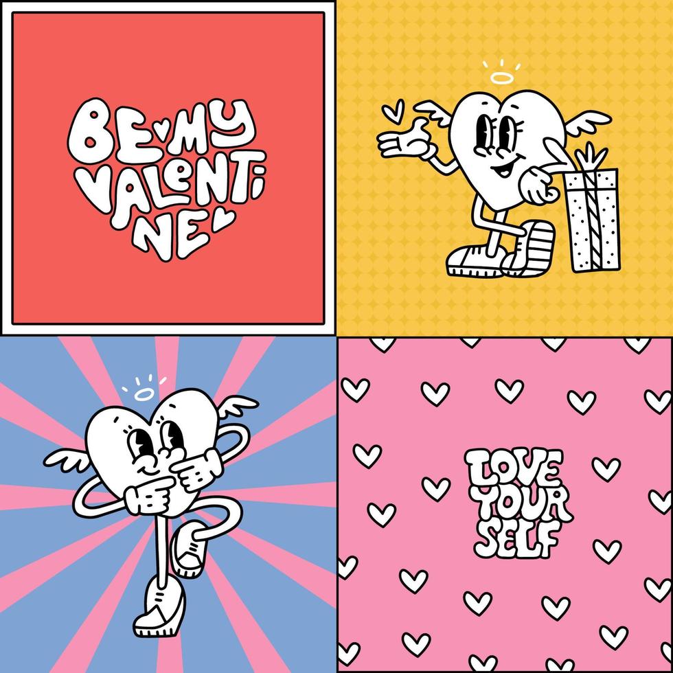 Set of retro groovy square posters with heart characters and abstract background, lettering quotes. Happy Valentines Day collection. Groovy heart. Love yourself. Trendy 70s retro cartoon style. Vector