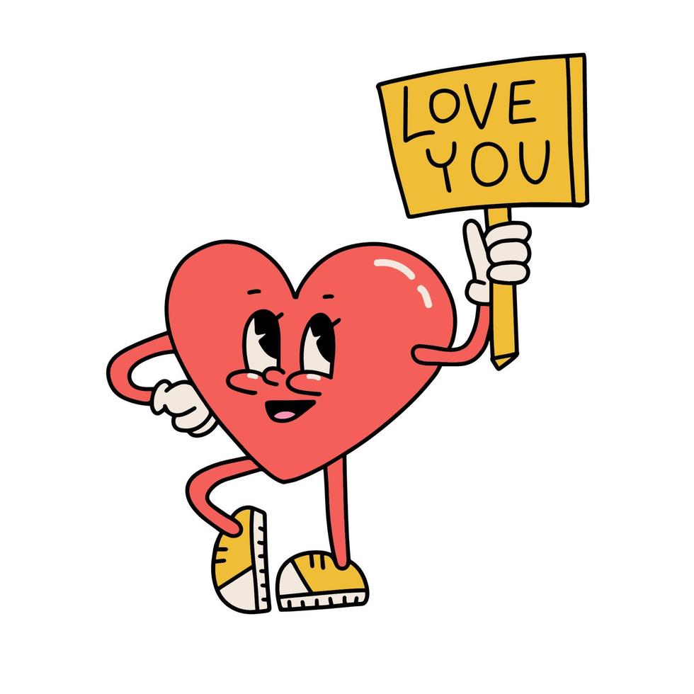 Love you - poster or t-shirt design print template with cute retro cartoon heart character holding signboard with lettering text isolated on white background. Vector hand drawn groovy illustration