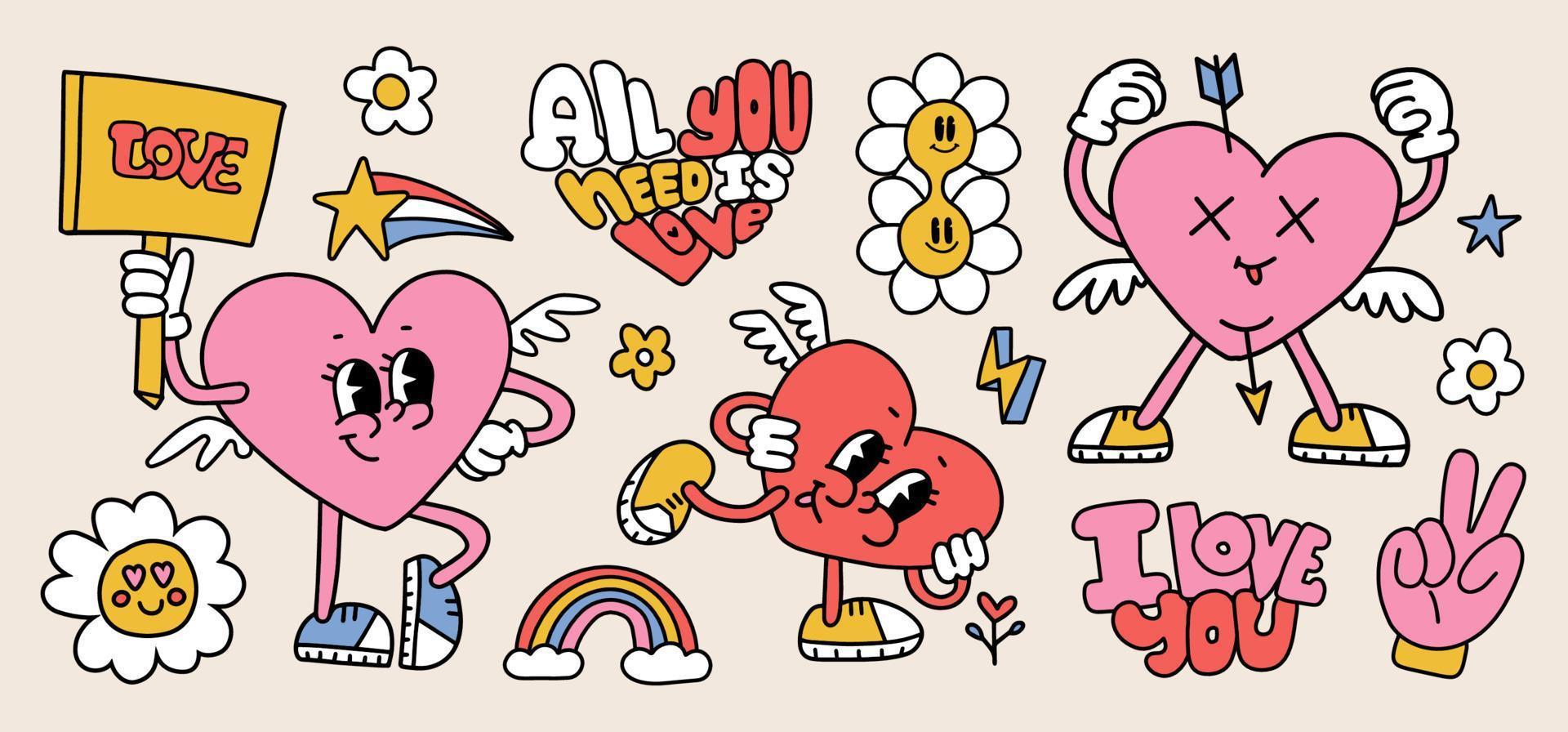 Groovy Valentines day characters set with lettering quotes. Funny heart  mascots. Sticker pack in trendy retro cartoon style. Isolated contour  vector illustration. Hippie 60s, 70s style. Flower power. 16470775 Vector  Art at