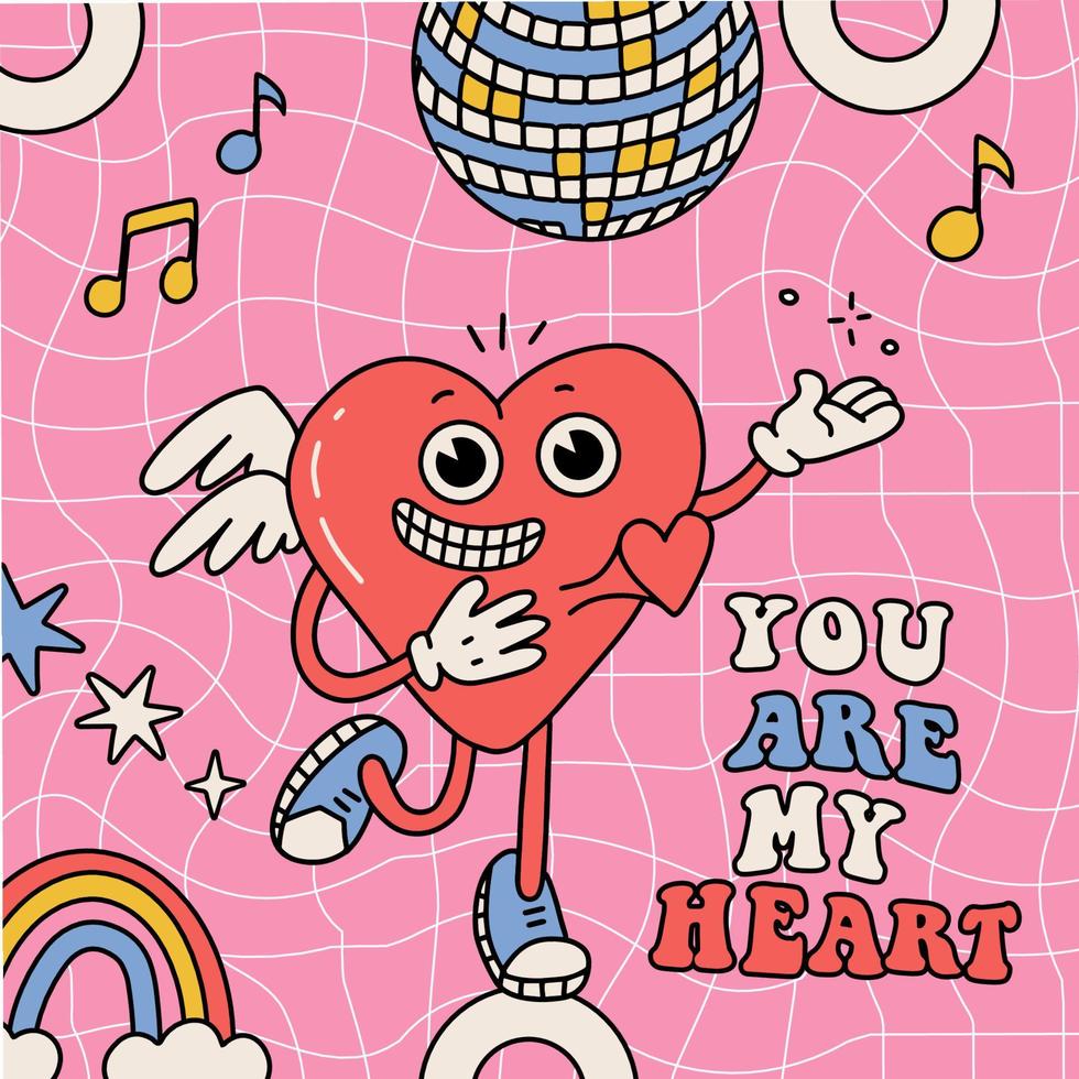 personaje de corazón cómico de dibujos animados retro. Crazy toons mascota abstracta escuchando música y bailando. ilustración de vector de arte de línea en estilo extraño vintage de moda.