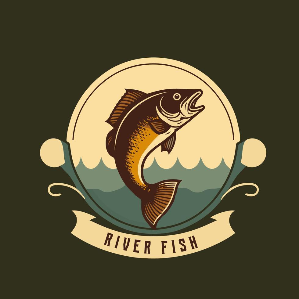 fishing fish in the water logo icon template vintage design vector