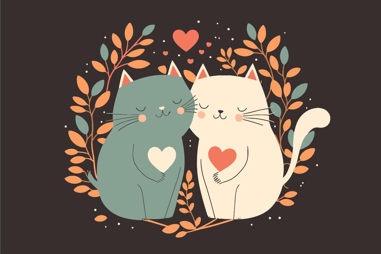 Two Cats in Love. Valentine Day Greeting Card. Vector Illustration