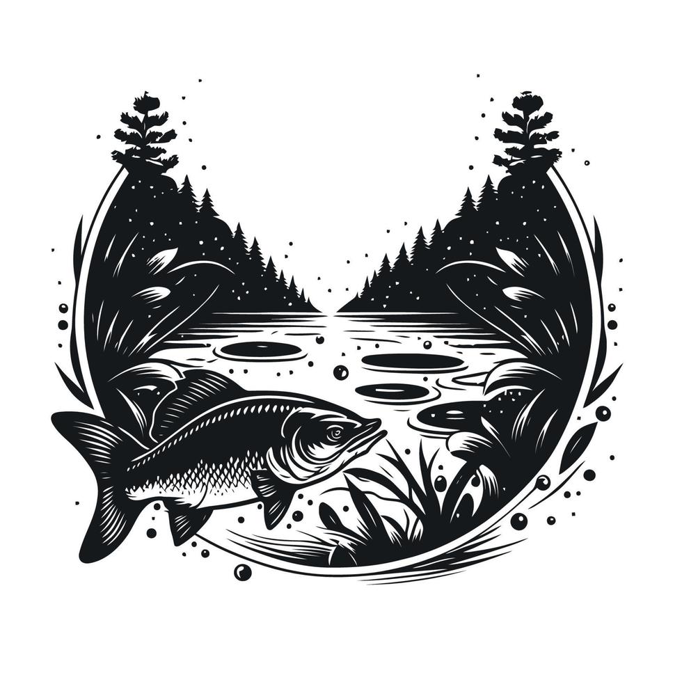 pescar peces en el agua plantilla de diseño de logotipo vintage en blanco y blanco vector