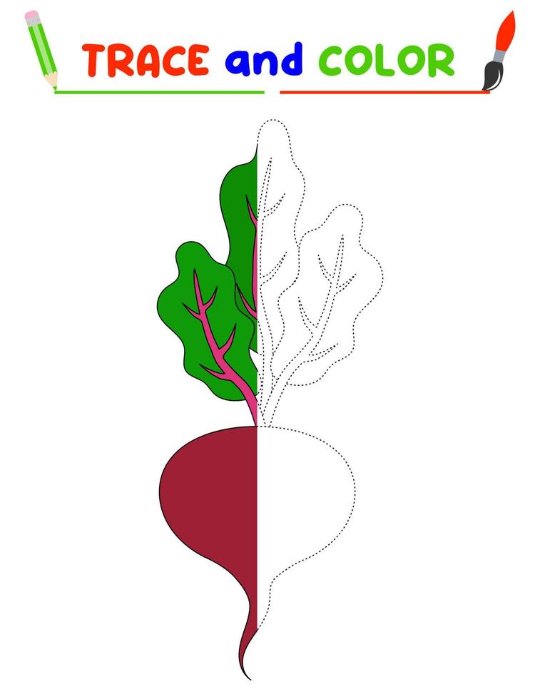 Trace and color the beet. A training sheet for preschool children.Educational tasks for kids. Beetroot  Coloring Book. vector