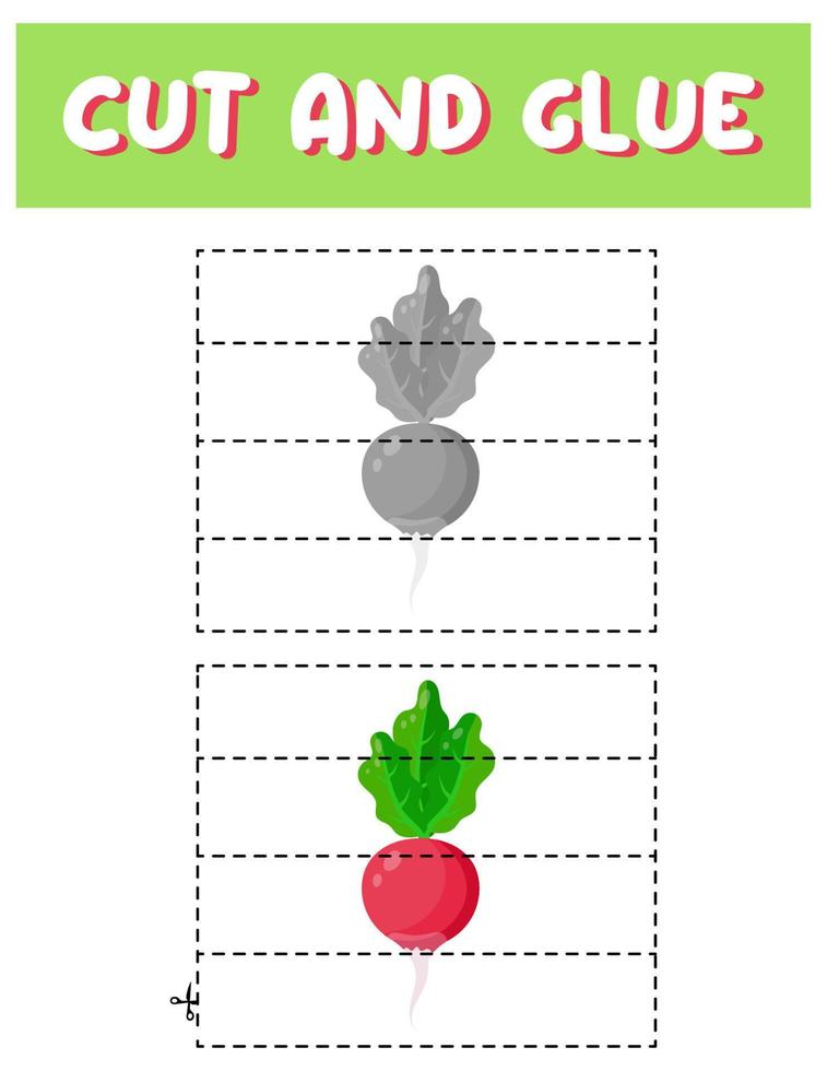 Cut and glue game for kids . Puzzles with an radish. Children funny entertainment and amusement.Vector illustration. Cutting practice for preschoolers. vector