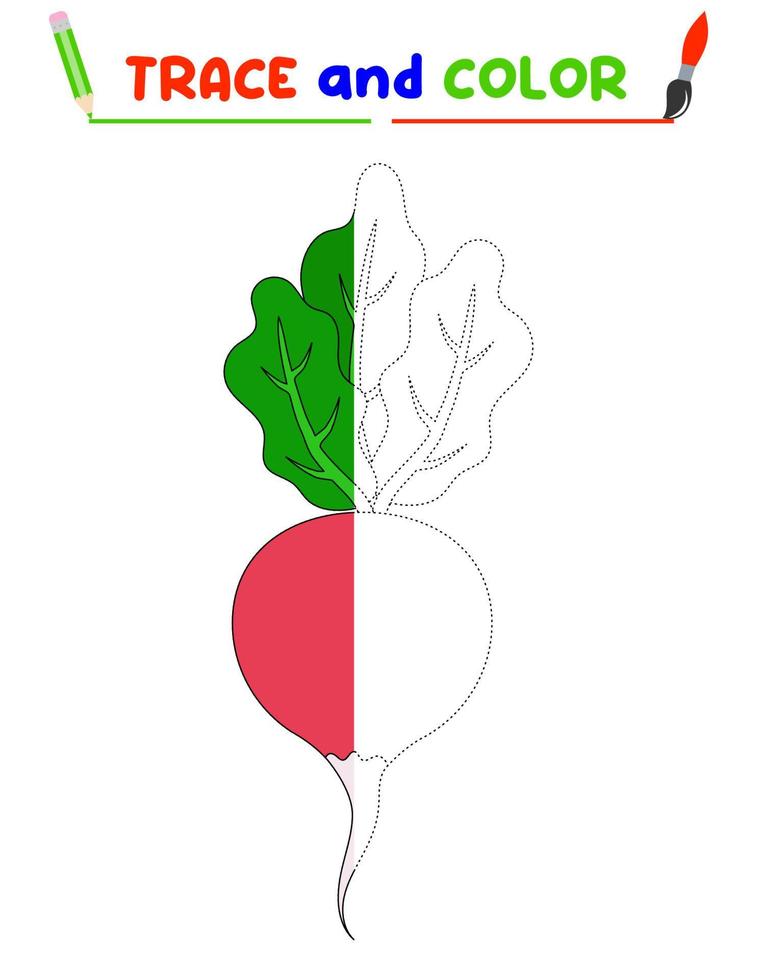 Trace and color the radish. A training sheet for preschool children.Educational tasks for kids. Radish Coloring Book. vector