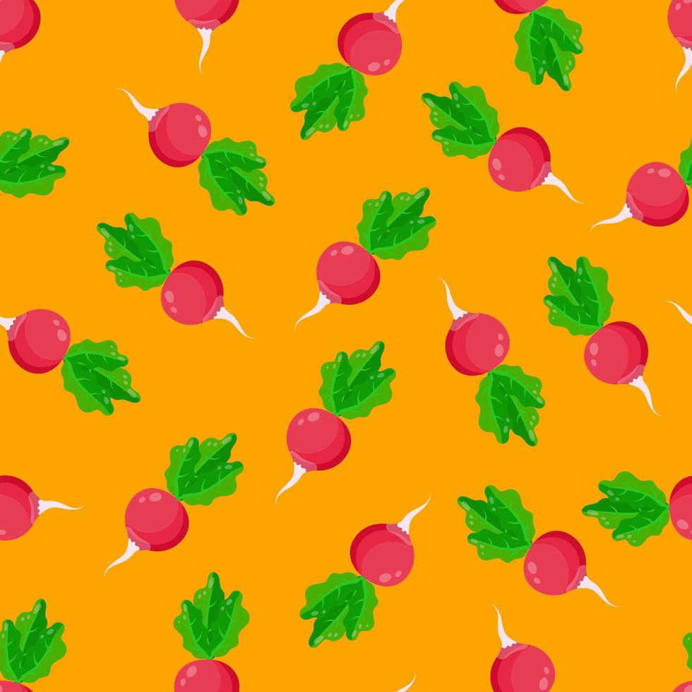 Seamless pattern with radish y on an orange background. A pattern with vegetables on textiles for the kitchen. vector