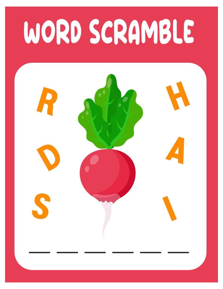 Radish Word scramble . Educational game for kids. English language spelling worksheet for preschool children. vector