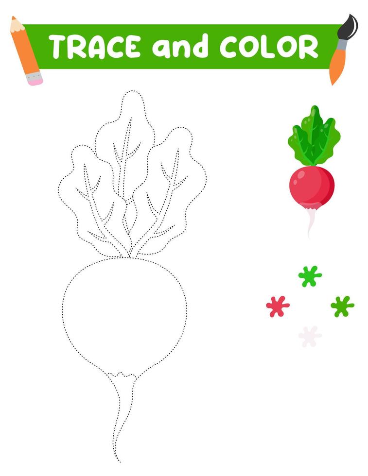 Coloring book with a radish.  Education and entertainment for preschool children.Trace and color it vector
