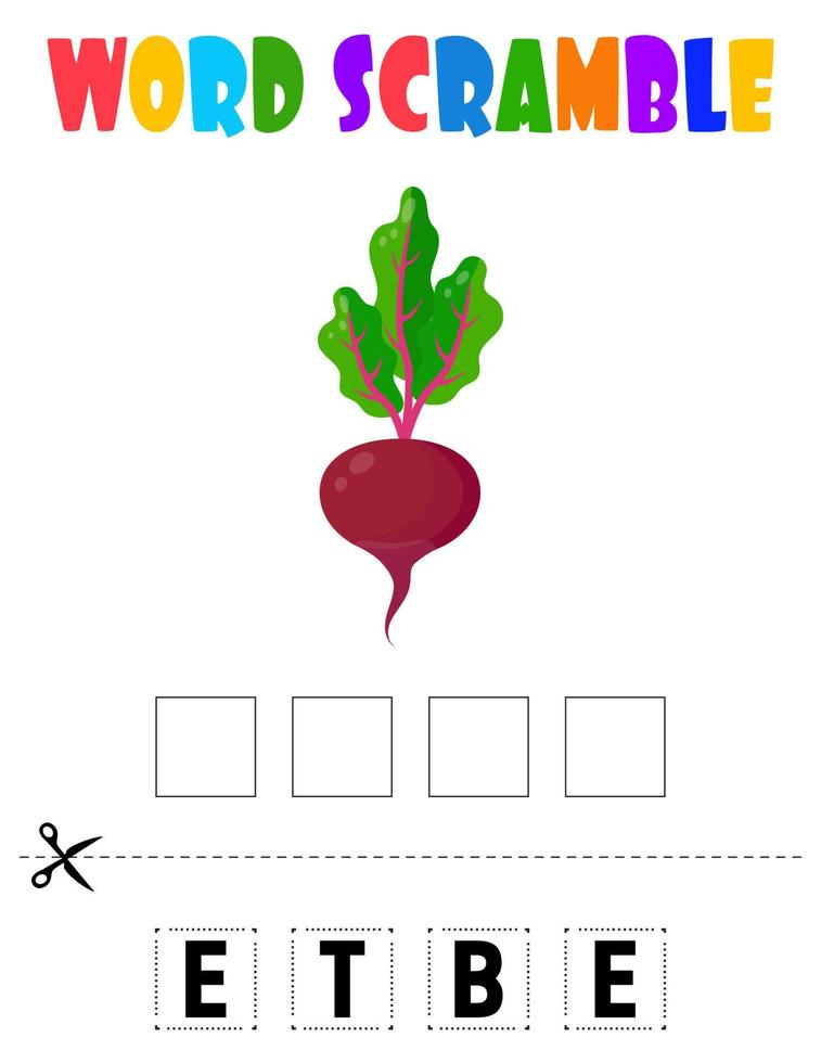 Beet Word scramble . Educational game for kids. English language spelling worksheet for preschool children. vector