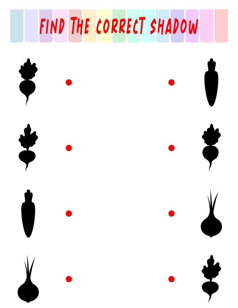 Find the right shadow. Cute vegetables. Educational game with vegetables. Logic games for children with an answer. A training card with a task for preschool and kindergarten children. vector