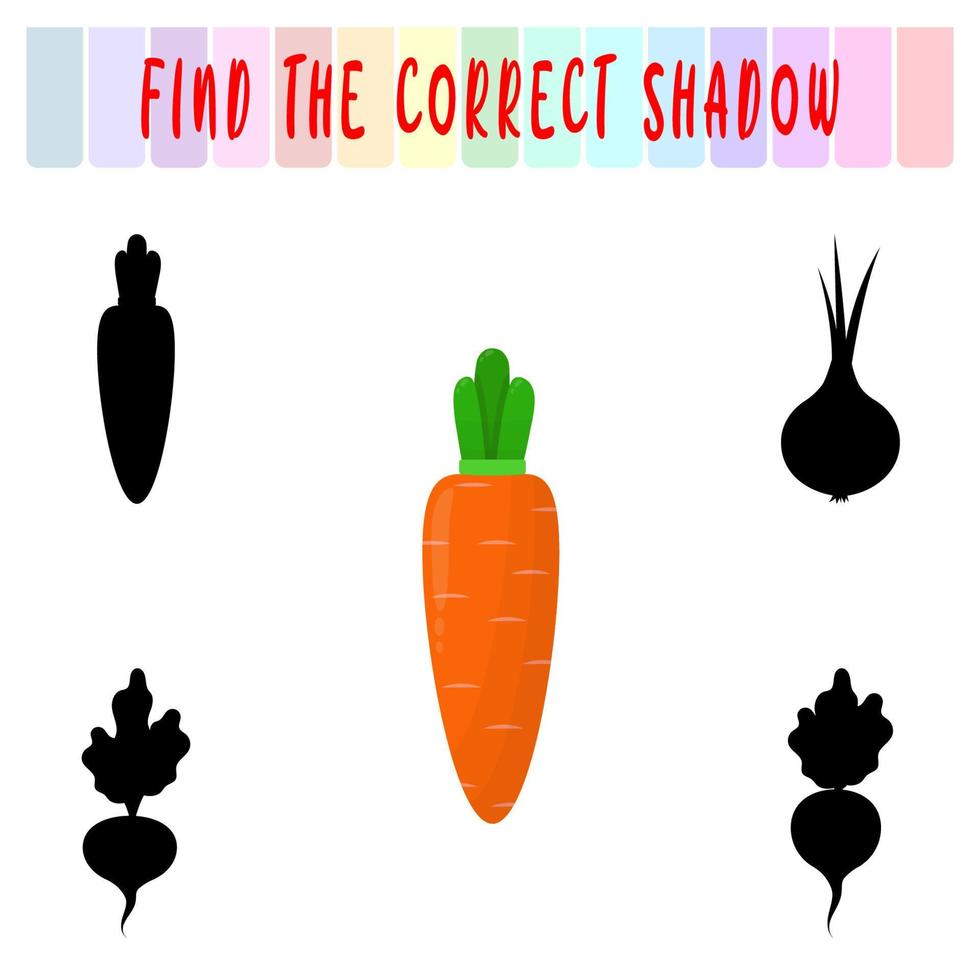 Find the right shadow. Cute carrot. Educational game with vegetables. Logic games for children with an answer. A training card with a task for preschool and kindergarten children. vector