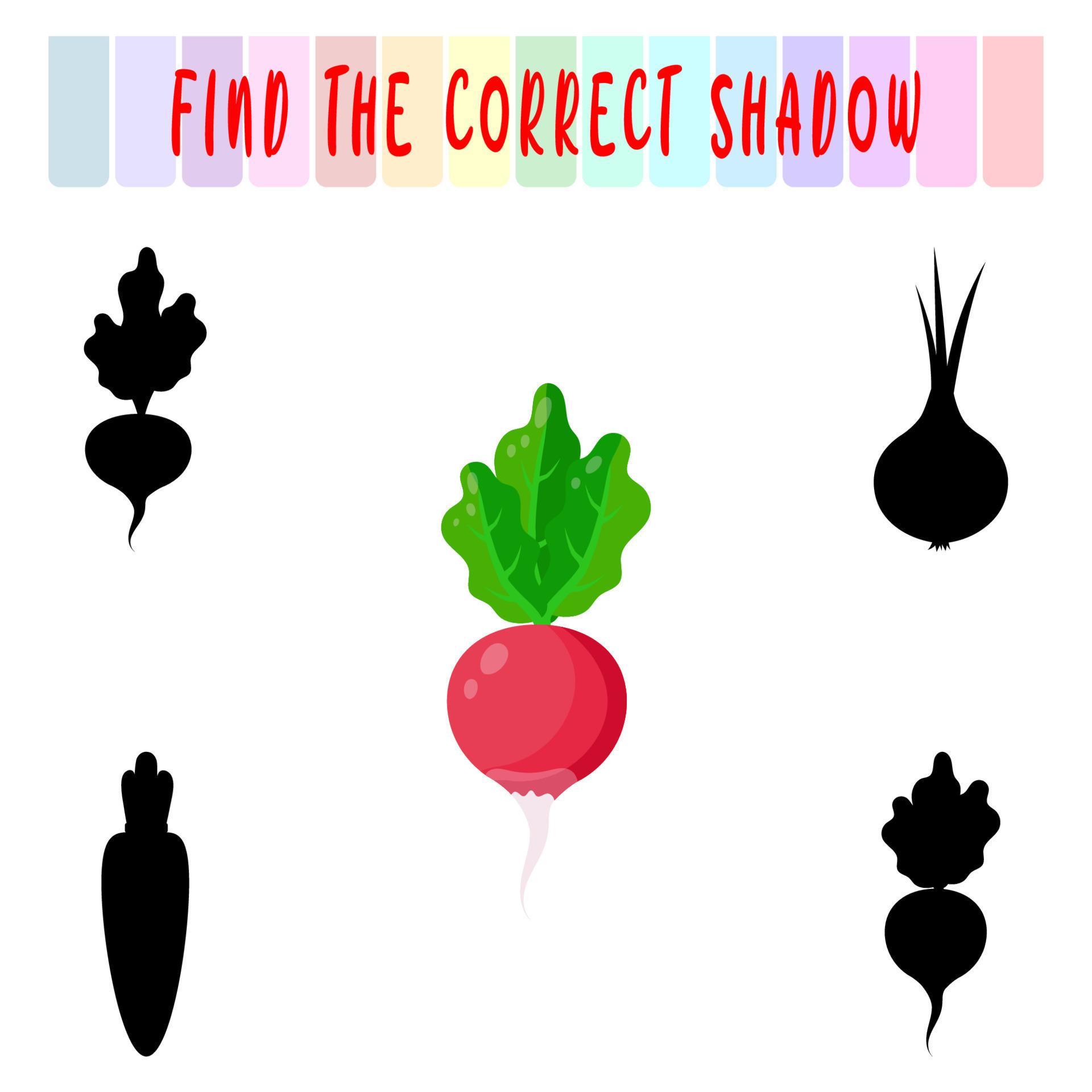 Find the right shadow. Cute radish. Educational game with vegetables