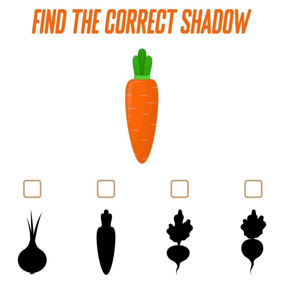 Find the right shadow. Cute carrot. Educational game with vegetables. Logic games for children with an answer. A training card with a task for preschool and kindergarten children. vector
