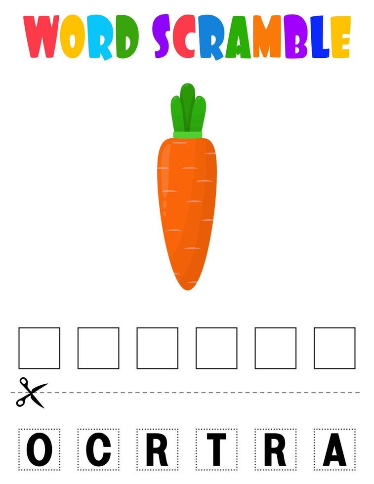 Carrot Word scramble . Educational game for kids. English language spelling worksheet for preschool children.vegetable vector