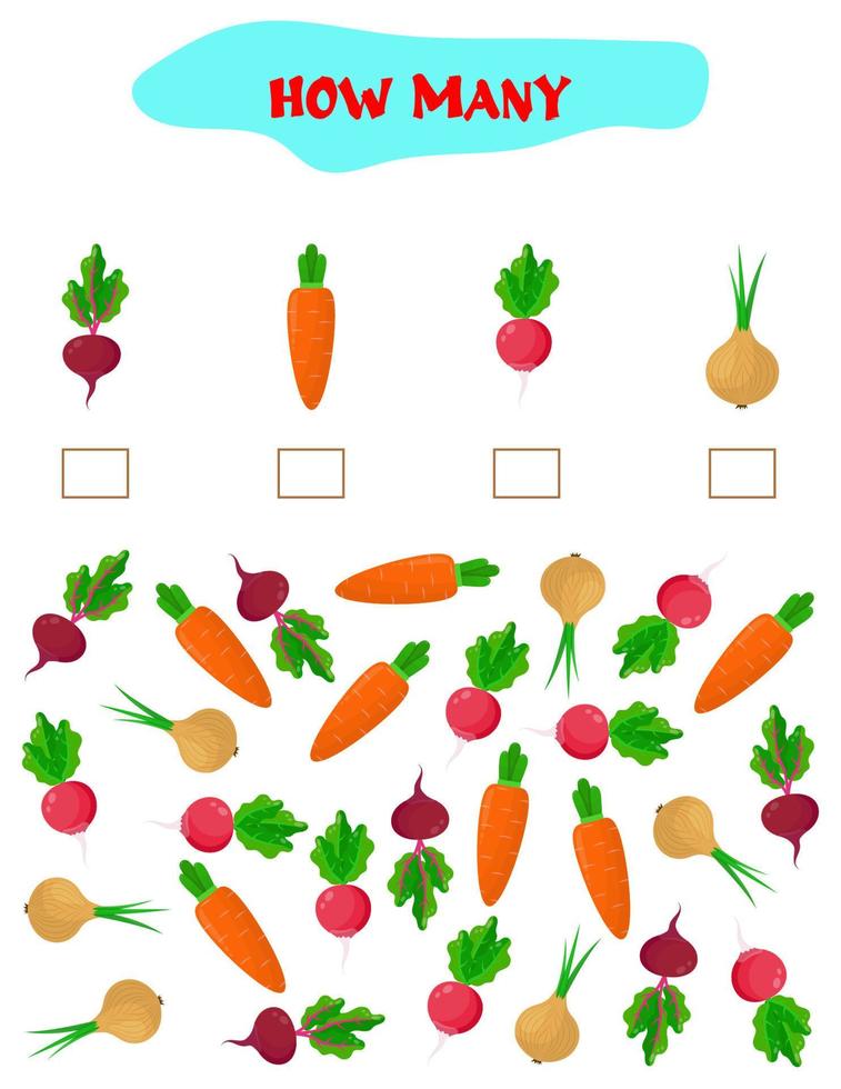 Counting Game for Preschool Children. Educational a mathematical game. Count how many  vegetables and write the result. Math worksheet for kids vector