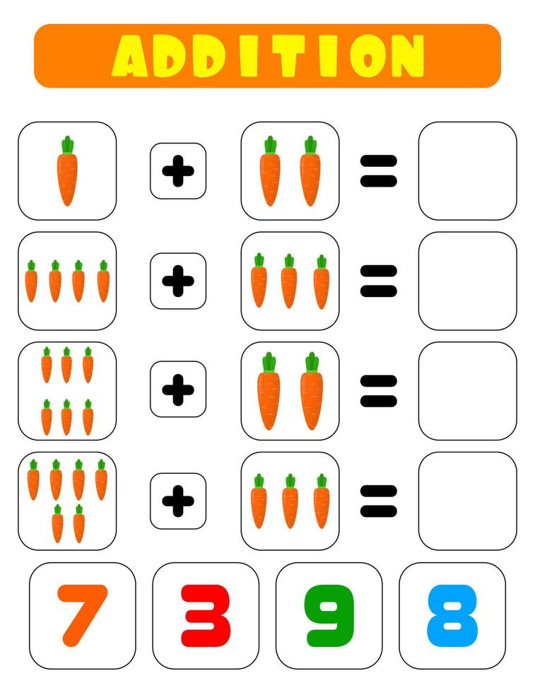 Addition of carrots. A task for children. Educational development sheet. Color activity page. A game for children. vector