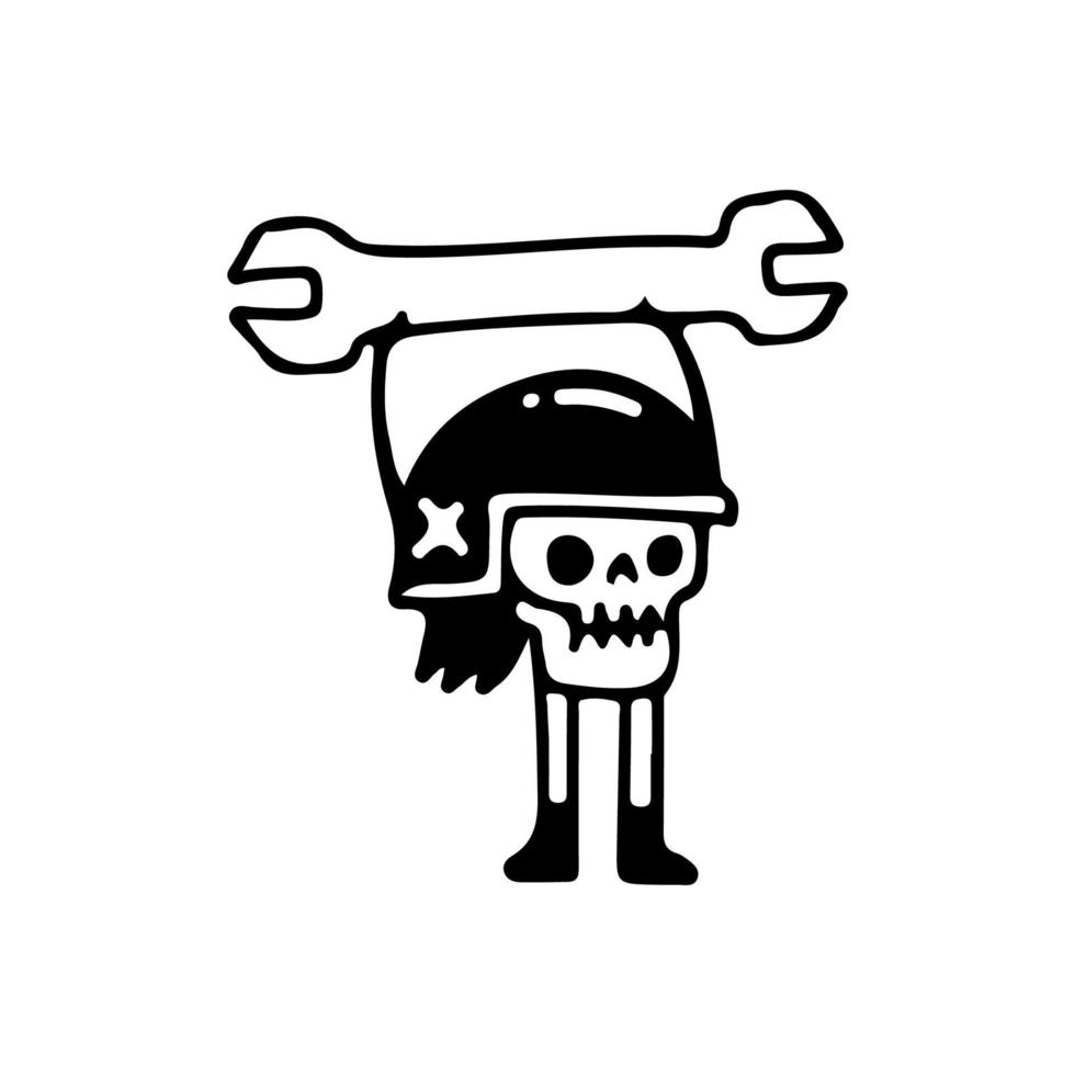 Cute rider skull lifting wrench mascot character, illustration for t-shirt, poster, sticker, or apparel merchandise. With retro cartoon style vector