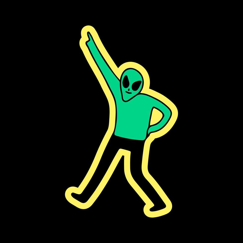 extraterrestre bailando, ilustración para camisetas, pegatinas o prendas de vestir. con estilo garabato, retro y caricatura. vector