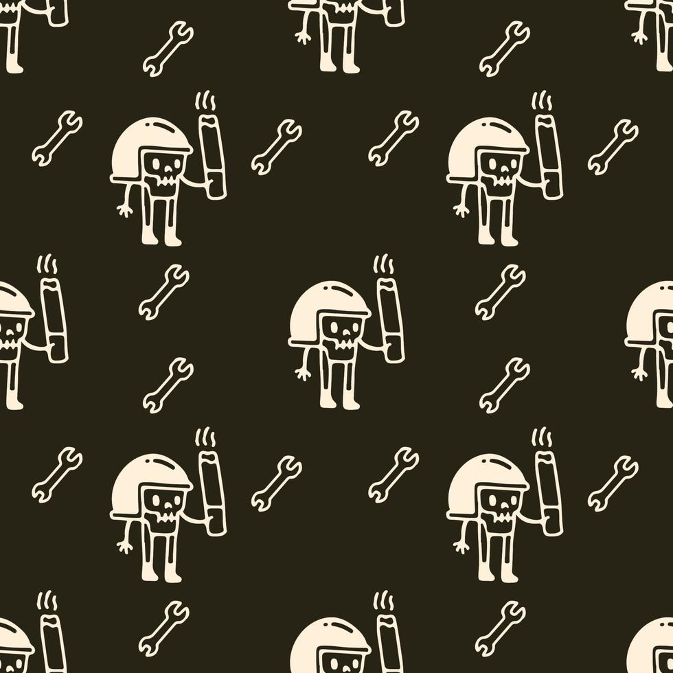 Skull rider with cigarette, seamless pattern background illustration for t-shirt, sticker, or apparel merchandise. With doodle, retro, and cartoon style. vector