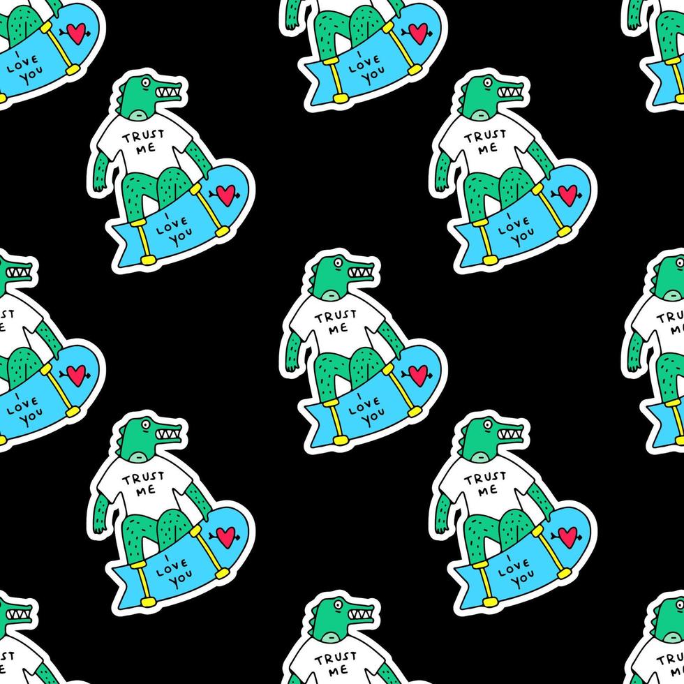 Crocodile riding skateboard, seamless pattern background illustration for t-shirt, sticker, or apparel merchandise. With doodle, retro, and cartoon style. vector