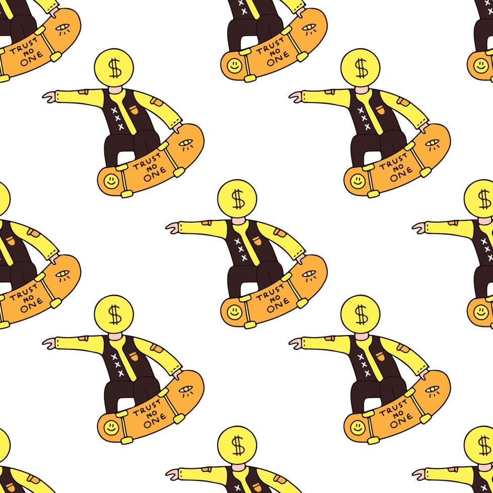 Man with dollar coin head riding skateboard, seamless pattern background illustration for t-shirt, sticker, or apparel merchandise. With doodle, retro, and cartoon style. vector