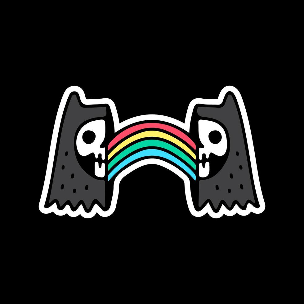 cráneo de gato con arco iris dentro, ilustración para camisetas, pegatinas o prendas de vestir. con estilo garabato, retro y caricatura. vector