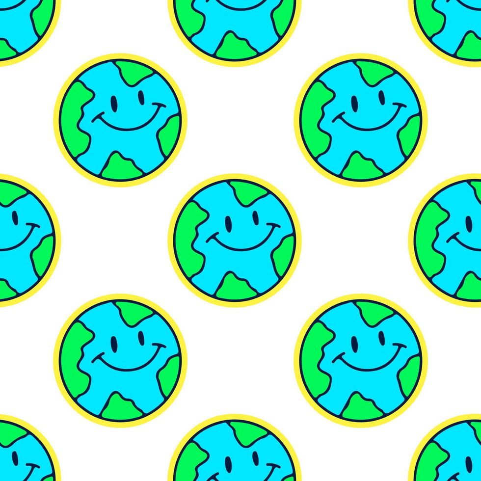 Cute earth planet with smile face, seamless pattern background illustration for t-shirt, sticker, or apparel merchandise. With doodle, retro, and cartoon style. vector