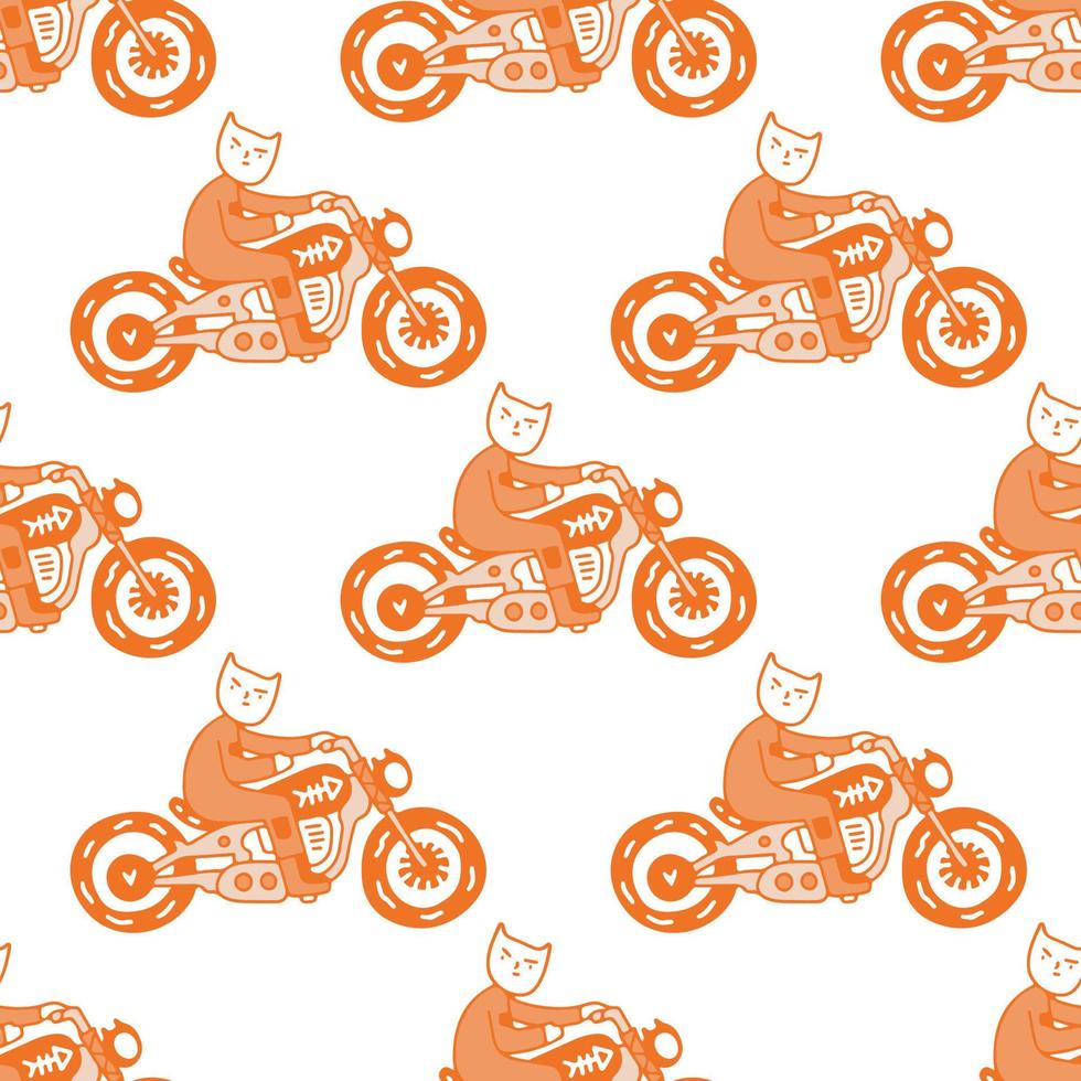 gato montando moto, ilustración de fondo de patrón sin costuras para camisetas, pegatinas o prendas de vestir. con estilo garabato, retro y caricatura. vector