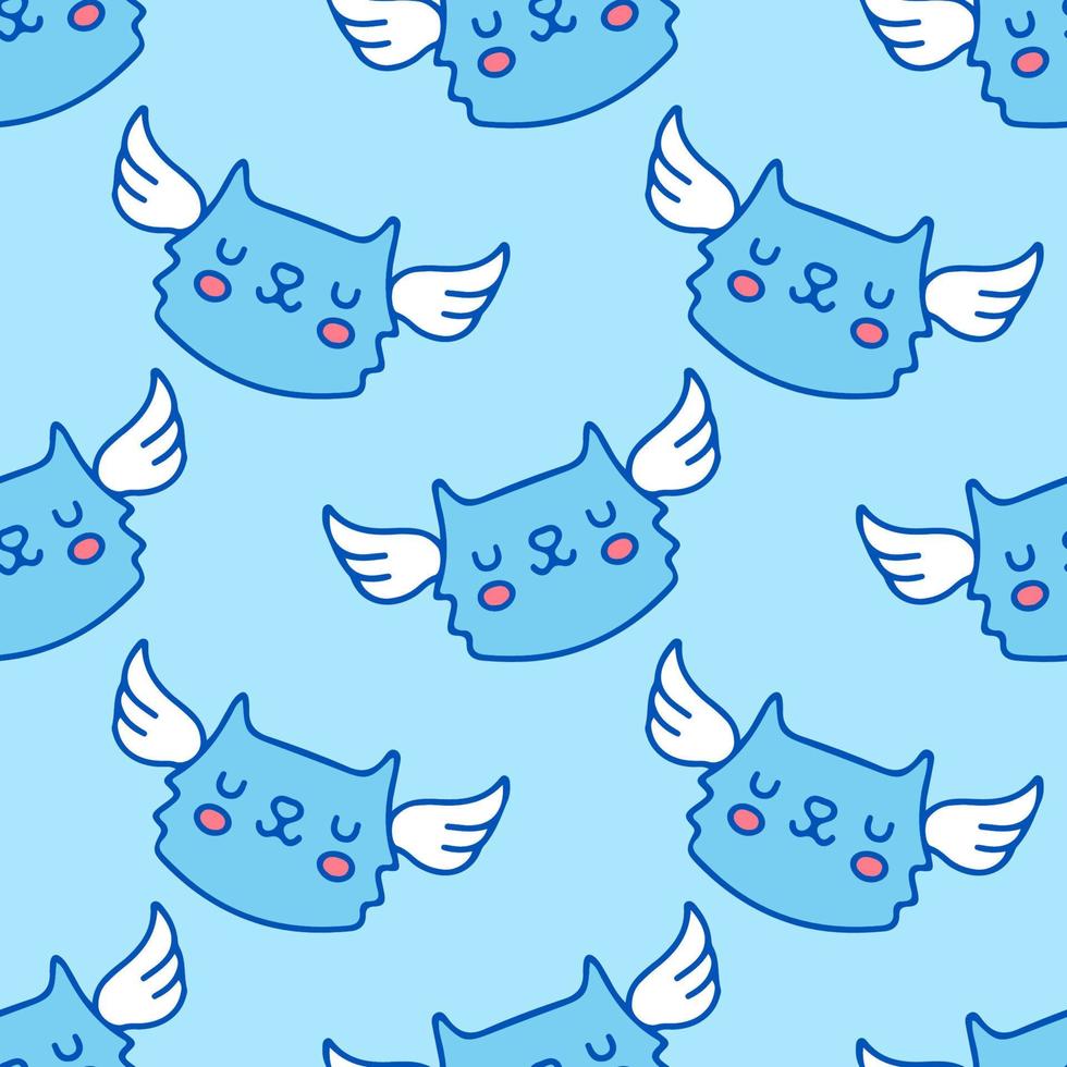 gato kawaii y alas sobre fondo azul de patrones sin fisuras. vintage moderno, concepto de patrón sin costuras de estilo pop art. vector