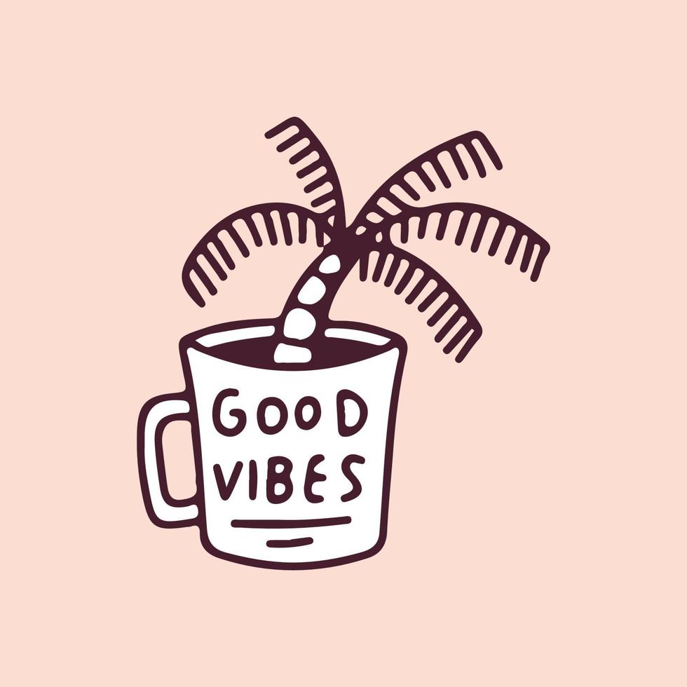 Palm tree inside a cup of coffee, illustration for t-shirt, street wear, sticker, or apparel merchandise. With retro, and cartoon style. vector