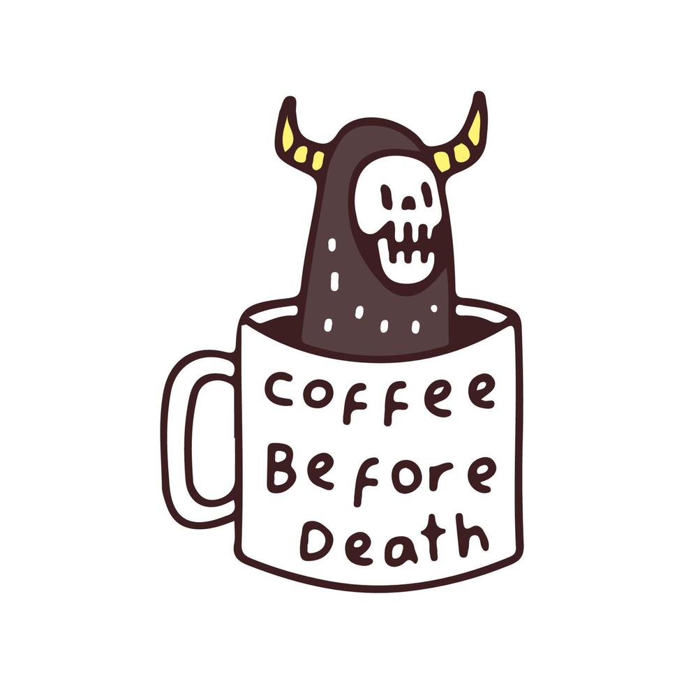 Trendy Devil skull inside a cup of coffee, illustration for t-shirt, street wear, sticker, or apparel merchandise. With retro, and cartoon style. vector
