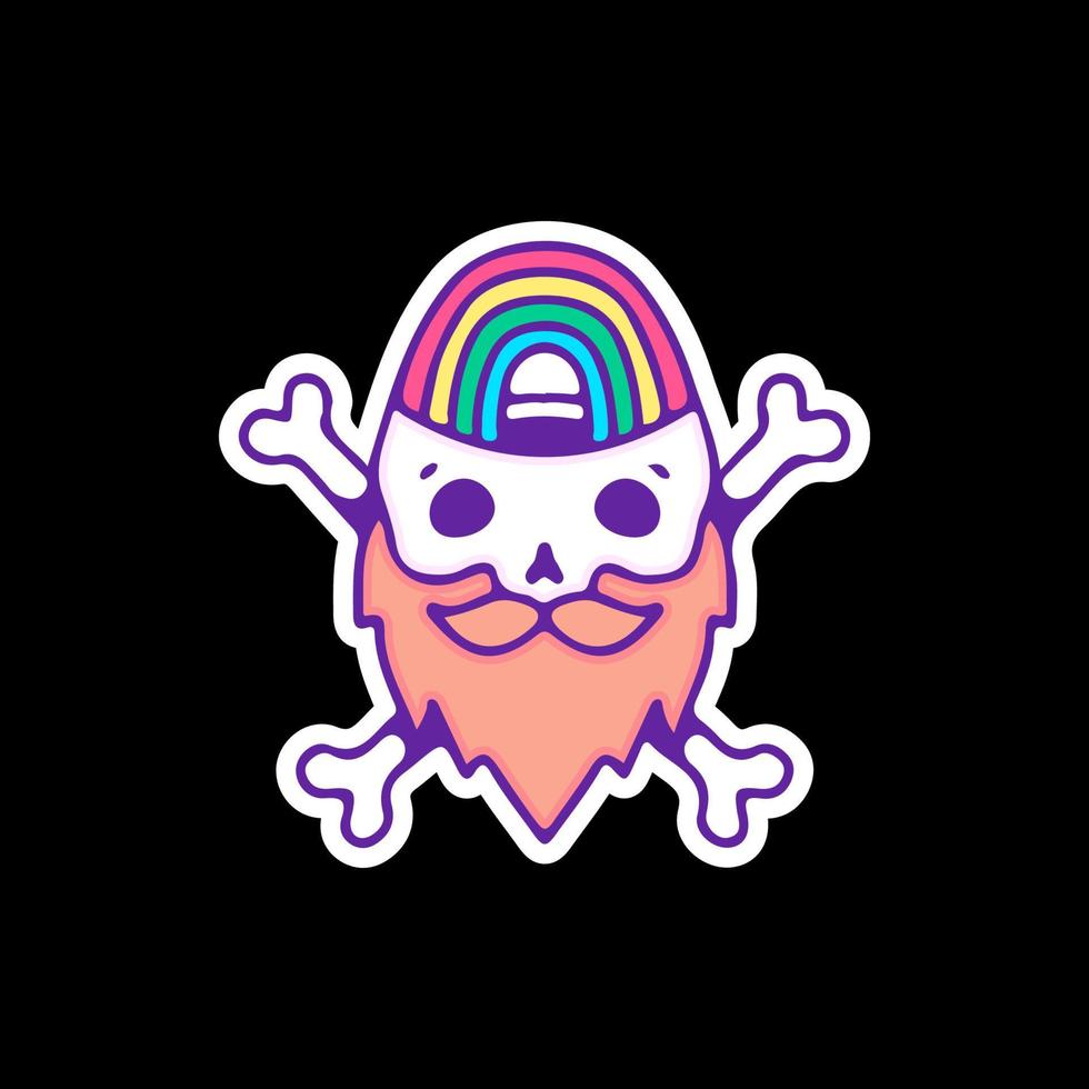 Bearded skull with rainbow and crossed bone, illustration for t-shirt, sticker, or apparel merchandise. With doodle, retro, and cartoon style. vector