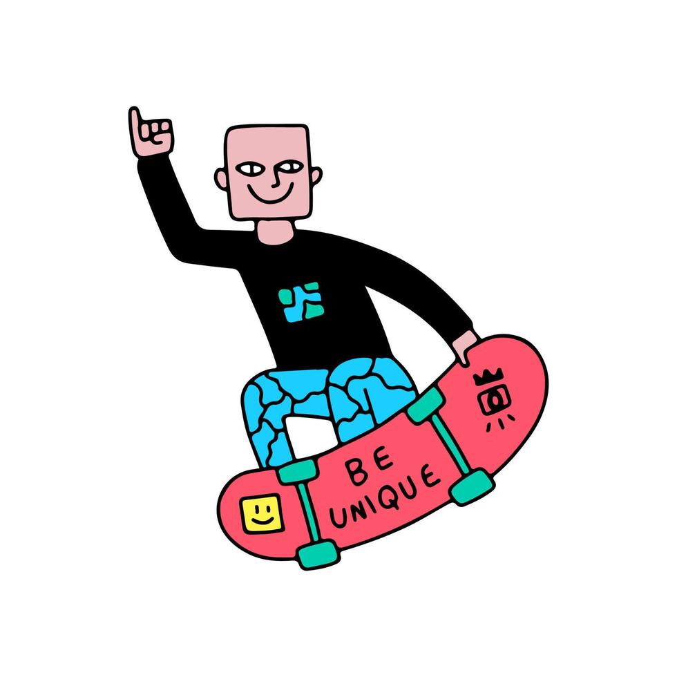 Trendy young boy with square head freestyle on skateboard, illustration for t-shirt, street wear, sticker, or apparel merchandise. With retro, and cartoon style. vector