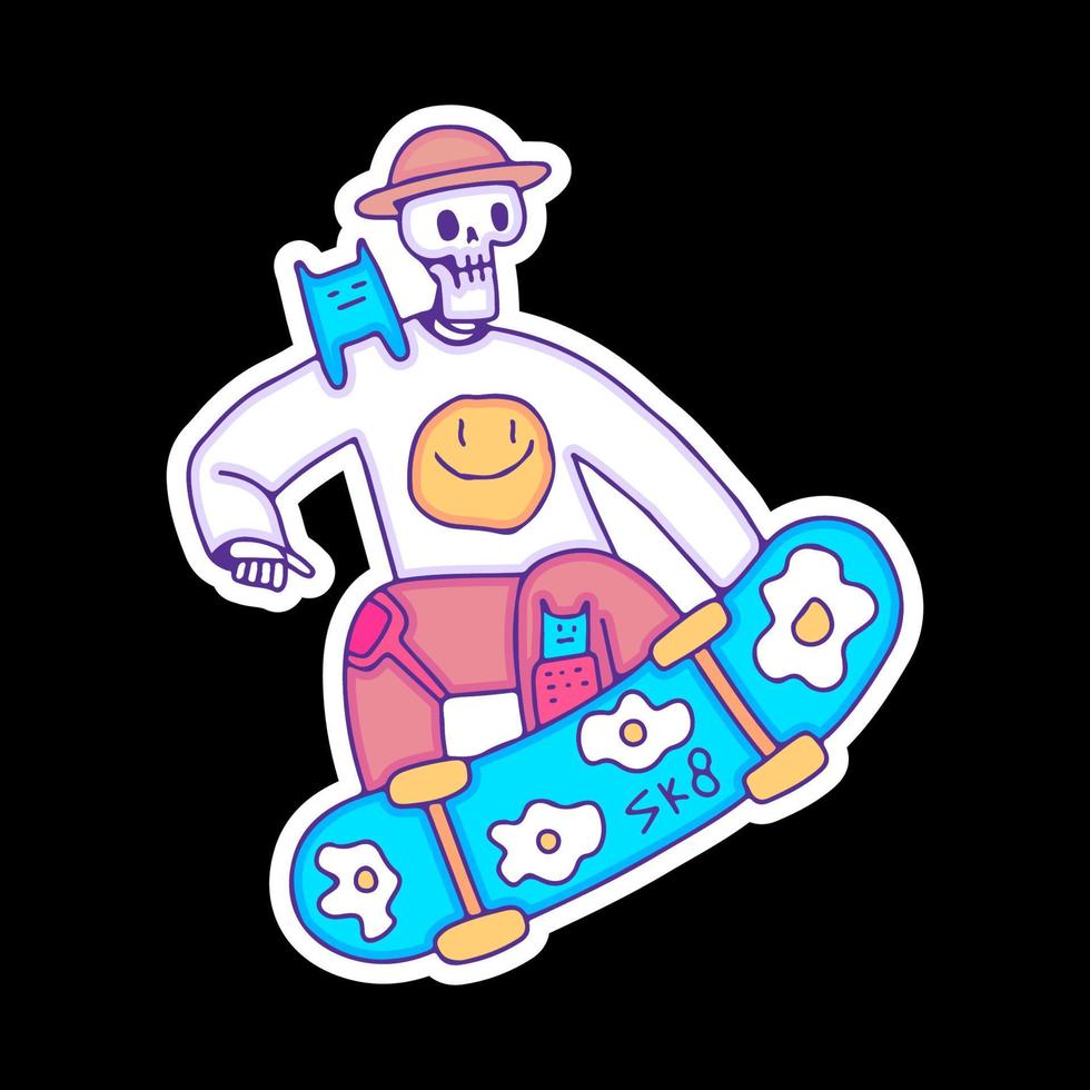 Hype skull wearing straw hat with cat on the shoulder riding skateboard, illustration for t-shirt, sticker, or apparel merchandise. With doodle, retro, and cartoon style. vector