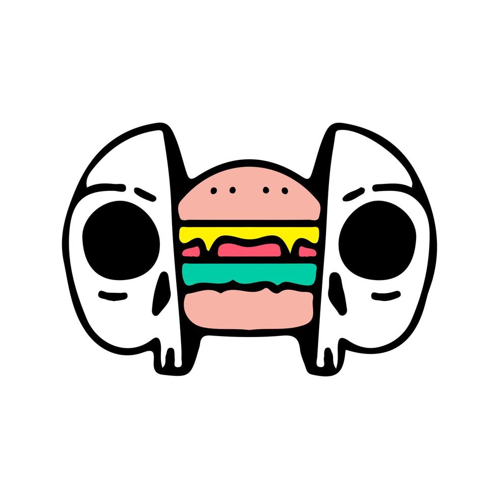 Skull head with hamburger inside. Illustration for street wear, t shirt, poster, logo, sticker, or apparel merchandise. Retro and pop art style. vector
