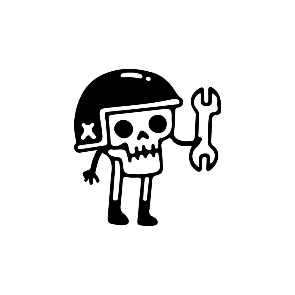 Cute rider skull lifting wrench mascot character, illustration for t-shirt, poster, sticker, or apparel merchandise. With retro cartoon style vector