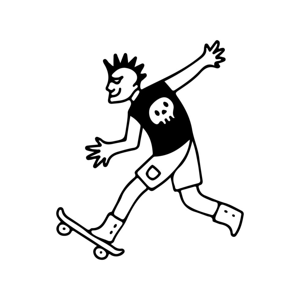 chico punk montando patineta, ilustración para camisetas, pegatinas o prendas de vestir. con estilo garabato, retro y caricatura. vector