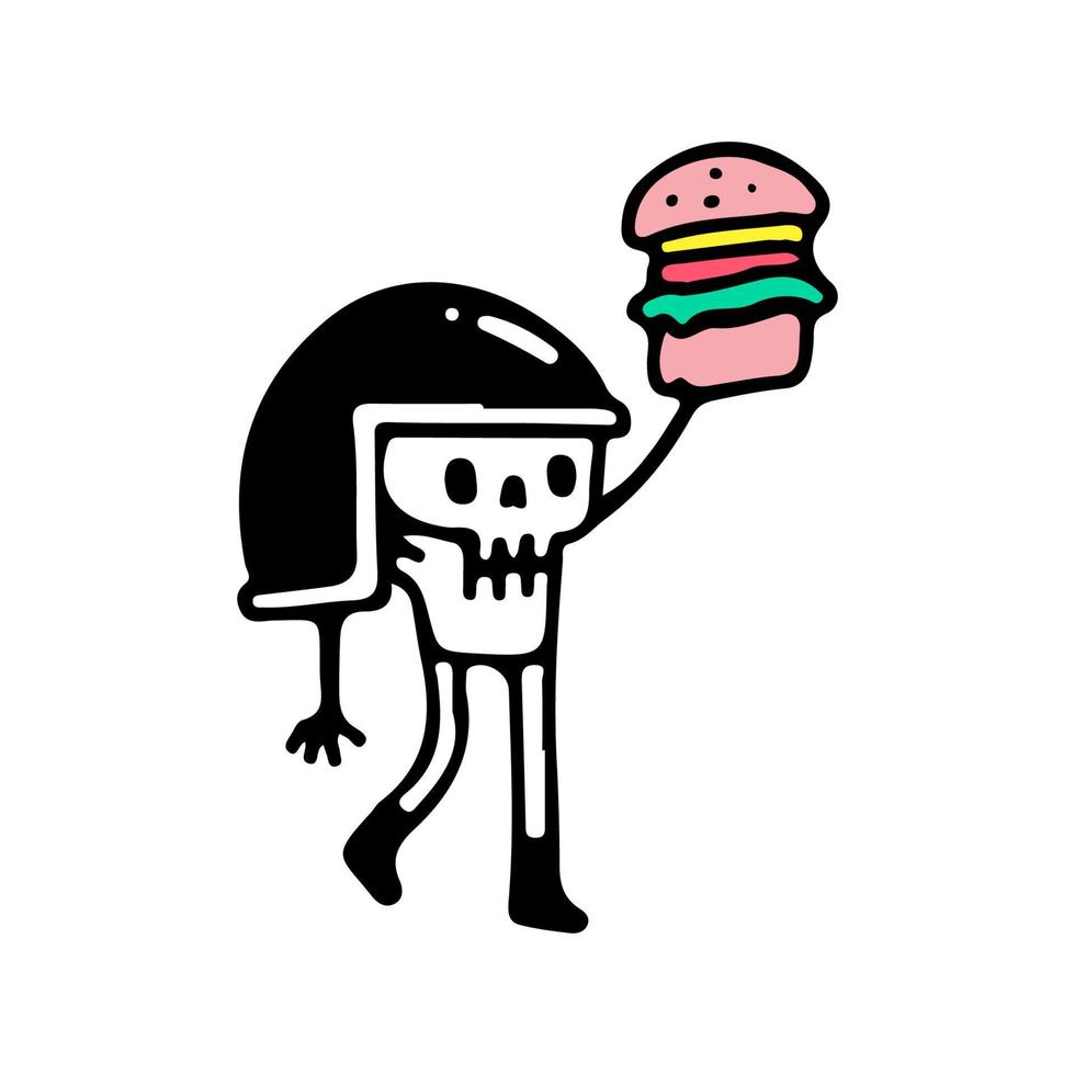 cráneo de jinete con personaje de mascota de hamburguesa con queso, ilustración para camiseta, afiche, pegatina o mercancía de ropa. con estilo retro de dibujos animados vector