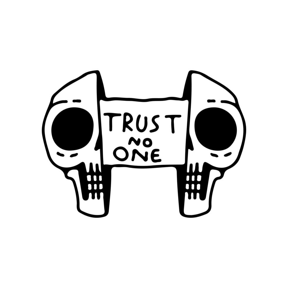 Skull head with trust no one typography inside. Illustration for street wear, t shirt, poster, logo, sticker, or apparel merchandise. Retro and pop art style. vector