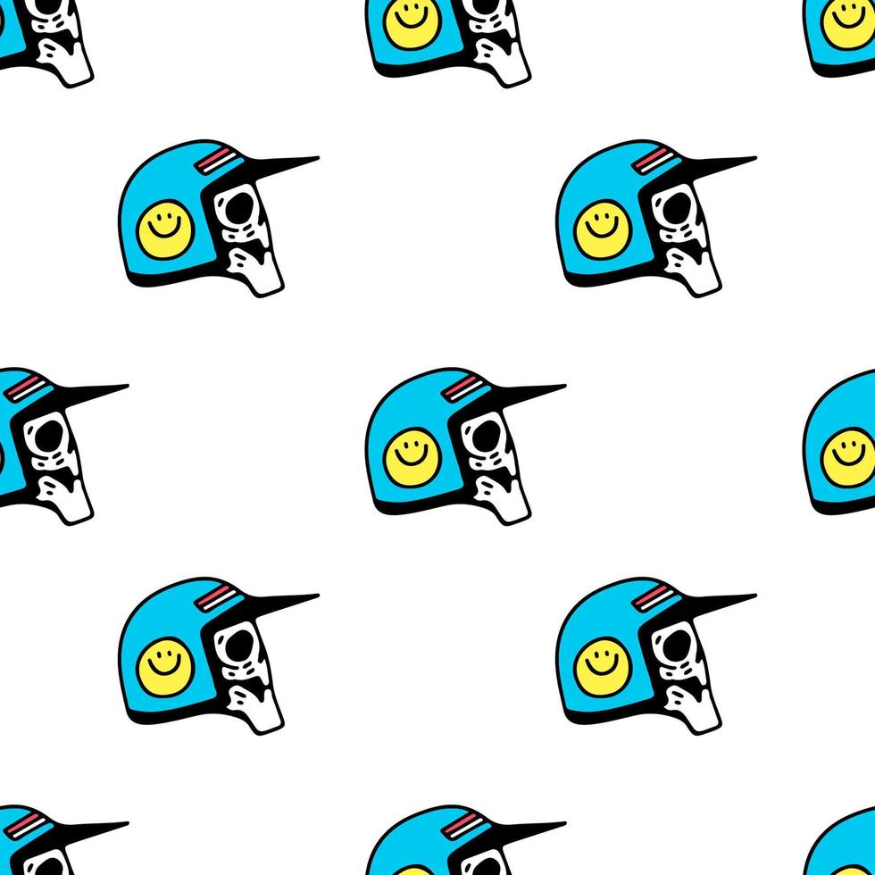 Skull head wearing biker helmet, seamless pattern background illustration for t-shirt, sticker, or apparel merchandise. With doodle, retro, and cartoon style. vector