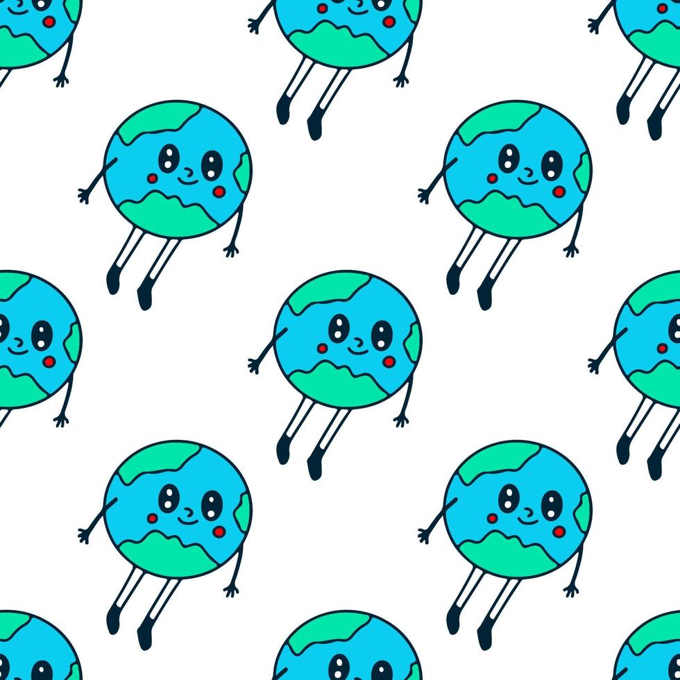 Cute flying earth planet, seamless pattern background illustration for t-shirt, sticker, or apparel merchandise. With doodle, retro, and cartoon style. vector