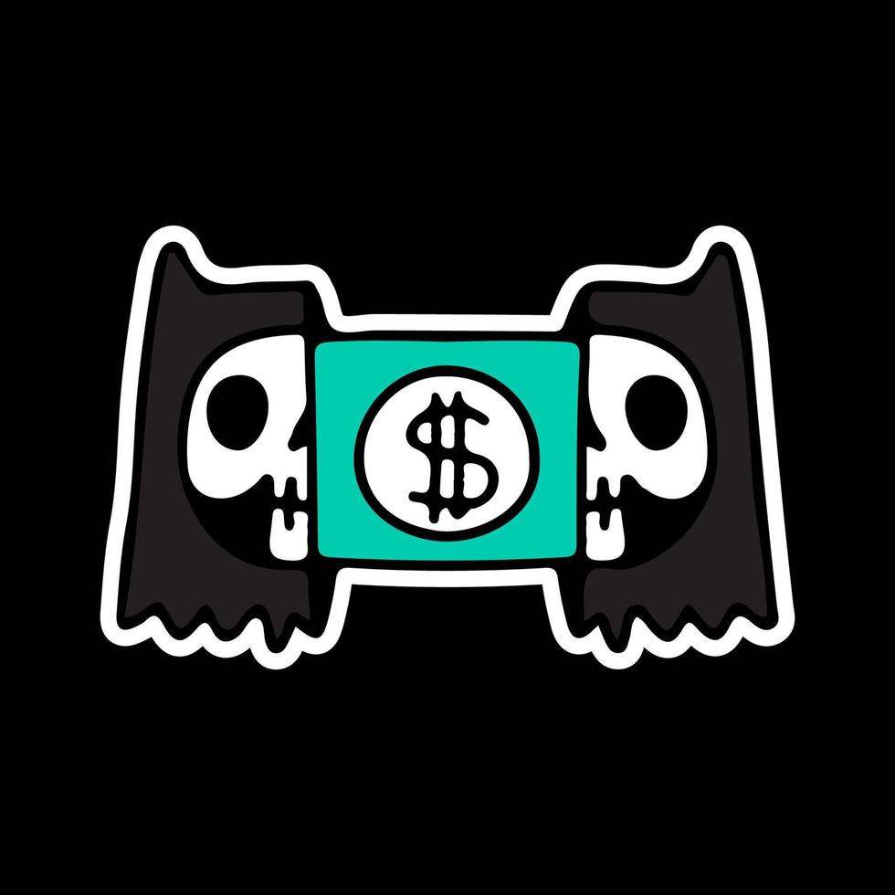 Cat skeleton head with dollar inside, illustration for t-shirt, street wear, sticker, or apparel merchandise. With doodle, retro, and cartoon style. vector