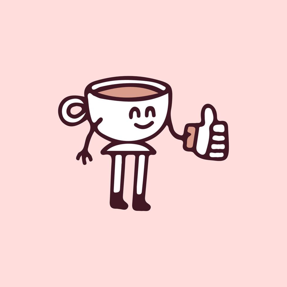 taza de personaje de mascota de café sosteniendo como botón, ilustración para camiseta, ropa de calle, pegatina o mercancía de ropa. con estilo garabato, retro y caricatura. vector