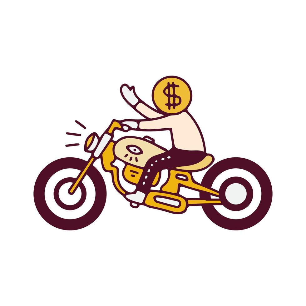 hombre con cabeza de moneda de dólar montando moto, ilustración para camiseta, ropa de calle, pegatina o mercancía de ropa. con estilo garabato, retro y caricatura. vector