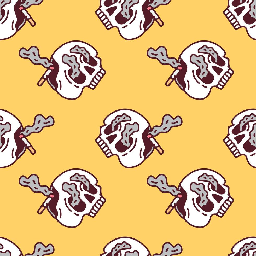 Skull and cigarette on yellow background seamless pattern. Modern vintage, pop art style seamless pattern concept. vector