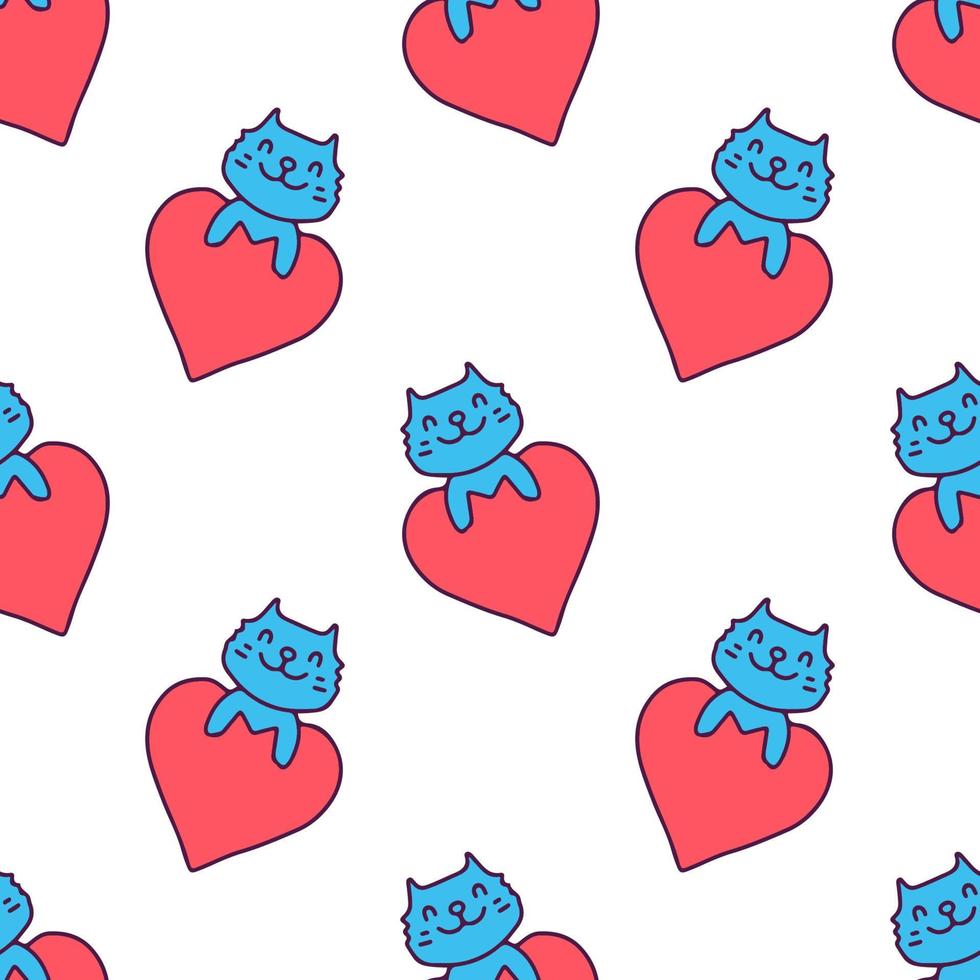 Cute cat and heart on white background seamless pattern. Modern vintage, pop art style seamless pattern concept. vector