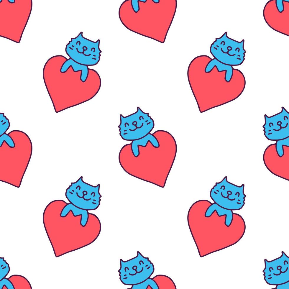 Cute cat and heart on white background seamless pattern. Modern vintage, pop art style seamless pattern concept. vector